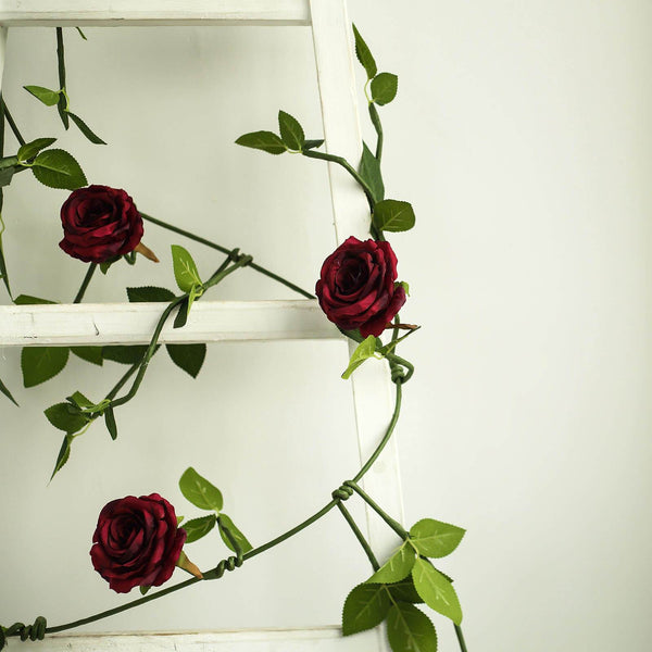6FT Long Burgundy Real Touch Rose Garland With 5 Big Roses, Wedding Garland Centerpiece