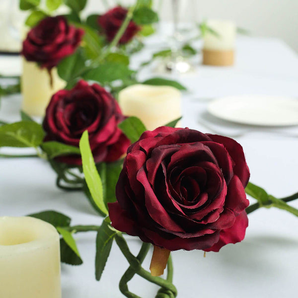 6FT Long Burgundy Real Touch Rose Garland With 5 Big Roses, Wedding Garland Centerpiece