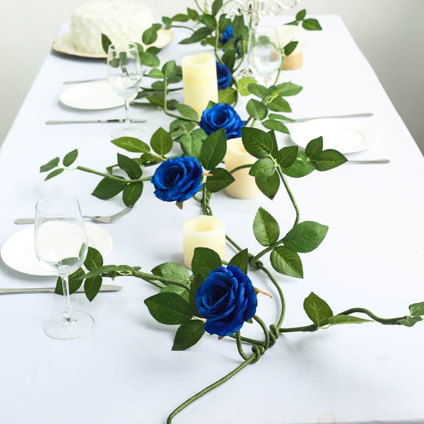 6FT Long Royal Blue Real Touch Rose Garland With 5 Big Roses, Wedding Garland Centerpiece