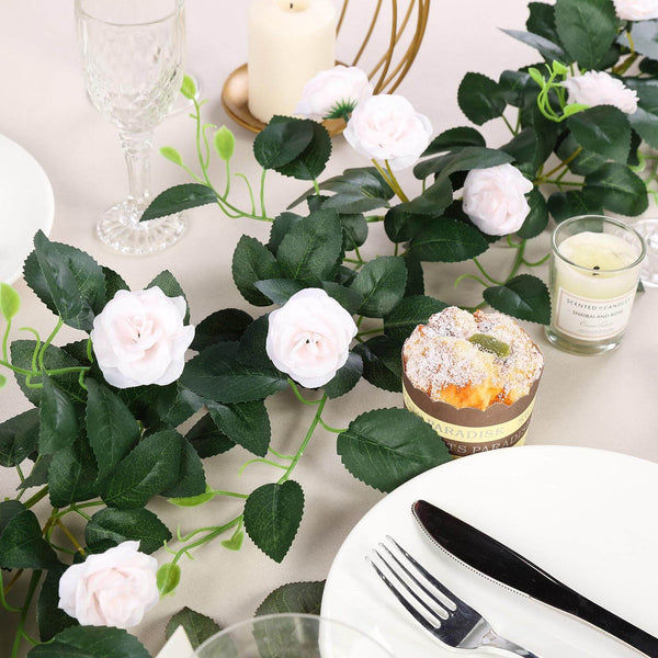 6 ft | Blush | Rose Gold | 20 Flowers | UV Protected Silk Rose Garland | Bendable Wire Vines | Artificial Flower Garlands with Leaves