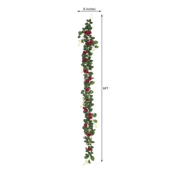 6 ft | Burgundy | 20 Flowers | UV Protected Silk Rose Garland | Bendable Wire Vines | Artificial Flower Garlands with Leaves