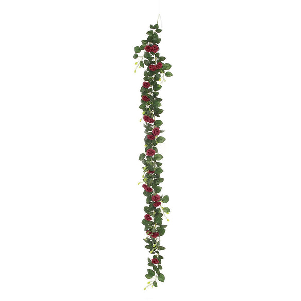 6 ft | Burgundy | 20 Flowers | UV Protected Silk Rose Garland | Bendable Wire Vines | Artificial Flower Garlands with Leaves