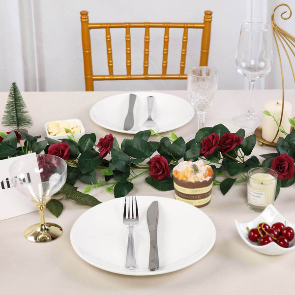 6 ft | Burgundy | 20 Flowers | UV Protected Silk Rose Garland | Bendable Wire Vines | Artificial Flower Garlands with Leaves