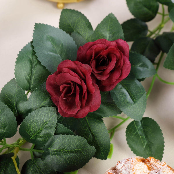 6 ft | Burgundy | 20 Flowers | UV Protected Silk Rose Garland | Bendable Wire Vines | Artificial Flower Garlands with Leaves#whtbkgd