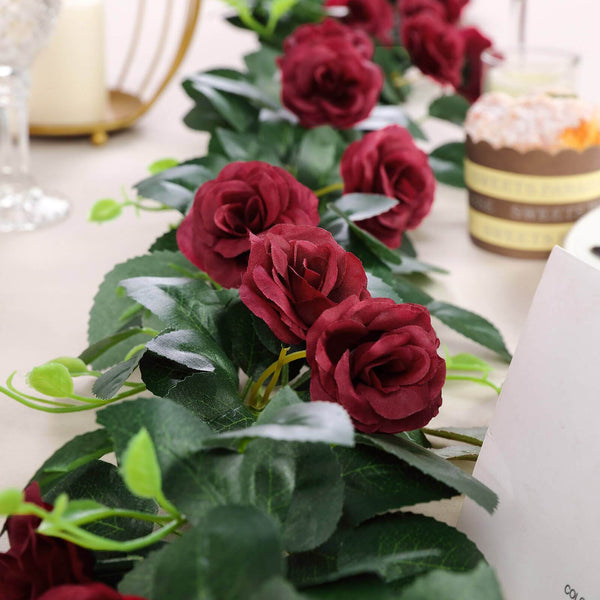 6 ft | Burgundy | 20 Flowers | UV Protected Silk Rose Garland | Bendable Wire Vines | Artificial Flower Garlands with Leaves