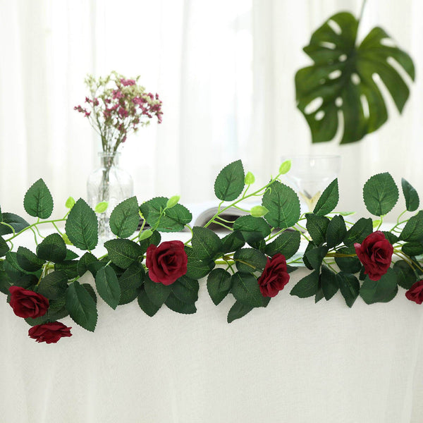 6 ft | Burgundy | 20 Flowers | UV Protected Silk Rose Garland | Bendable Wire Vines | Artificial Flower Garlands with Leaves