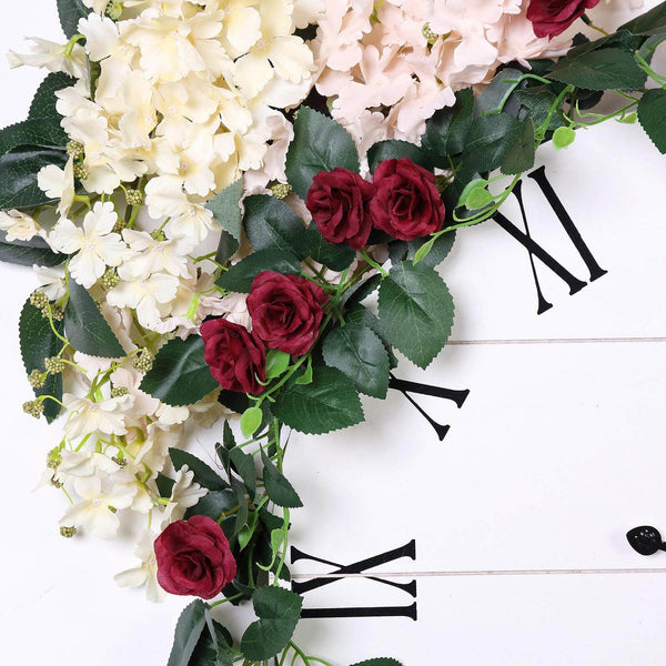 6 ft | Burgundy | 20 Flowers | UV Protected Silk Rose Garland | Bendable Wire Vines | Artificial Flower Garlands with Leaves