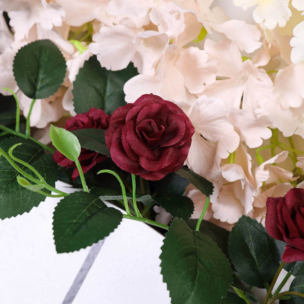 6 ft | Burgundy | 20 Flowers | UV Protected Silk Rose Garland | Bendable Wire Vines | Artificial Flower Garlands with Leaves