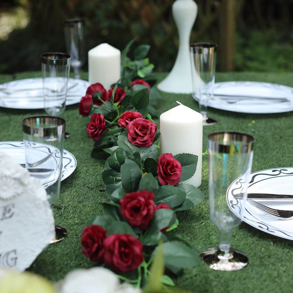 6 ft | Burgundy | 20 Flowers | UV Protected Silk Rose Garland | Bendable Wire Vines | Artificial Flower Garlands with Leaves