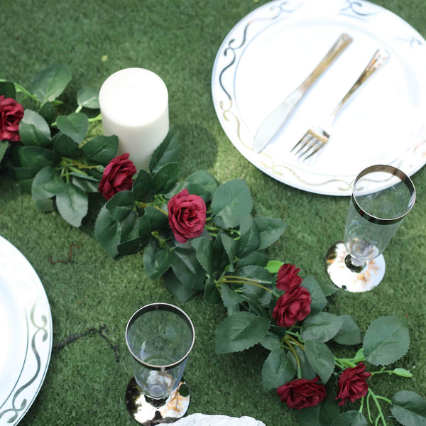 6 ft | Burgundy | 20 Flowers | UV Protected Silk Rose Garland | Bendable Wire Vines | Artificial Flower Garlands with Leaves