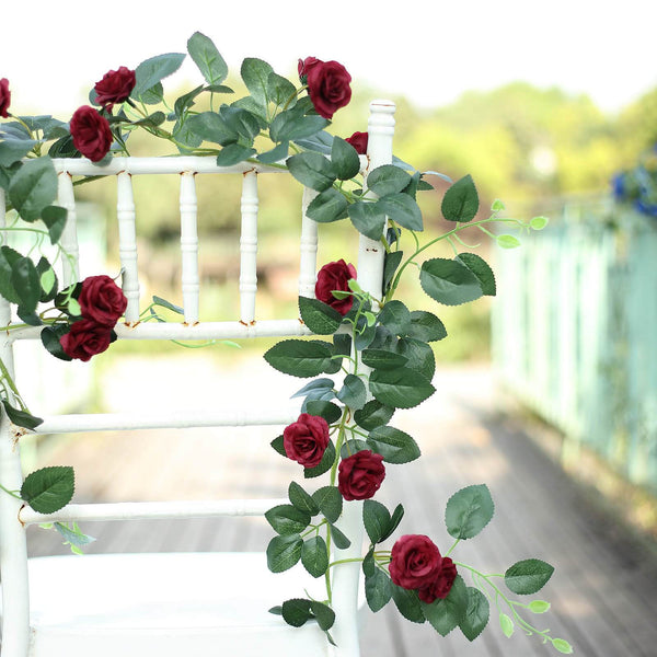 6 ft | Burgundy | 20 Flowers | UV Protected Silk Rose Garland | Bendable Wire Vines | Artificial Flower Garlands with Leaves