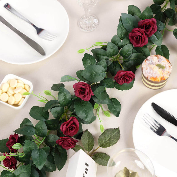 6 ft | Burgundy | 20 Flowers | UV Protected Silk Rose Garland | Bendable Wire Vines | Artificial Flower Garlands with Leaves