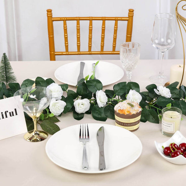 6 ft | Cream | 20 Flowers | UV Protected Silk Rose Garland | Bendable Wire Vines | Artificial Flower Garlands with Leaves