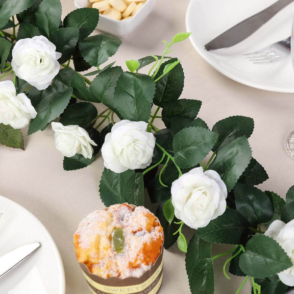 6 ft | Cream | 20 Flowers | UV Protected Silk Rose Garland | Bendable Wire Vines | Artificial Flower Garlands with Leaves