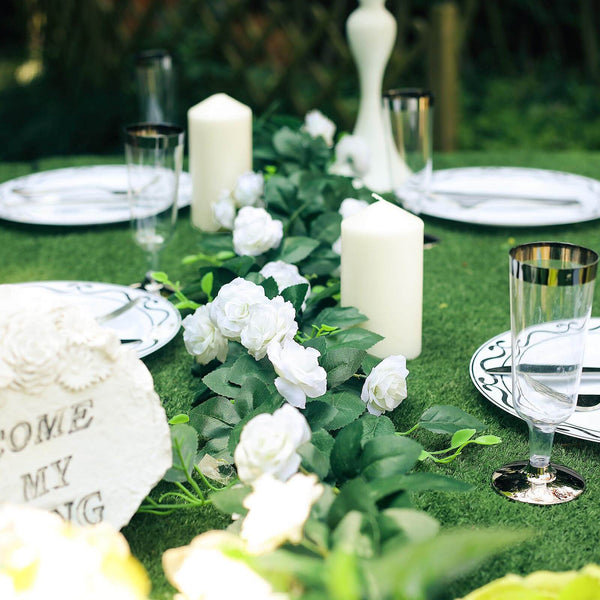 6 ft | Cream | 20 Flowers | UV Protected Silk Rose Garland | Bendable Wire Vines | Artificial Flower Garlands with Leaves