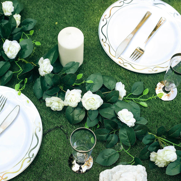 6 ft | Cream | 20 Flowers | UV Protected Silk Rose Garland | Bendable Wire Vines | Artificial Flower Garlands with Leaves