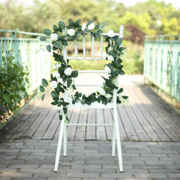 6 ft | Cream | 20 Flowers | UV Protected Silk Rose Garland | Bendable Wire Vines | Artificial Flower Garlands with Leaves