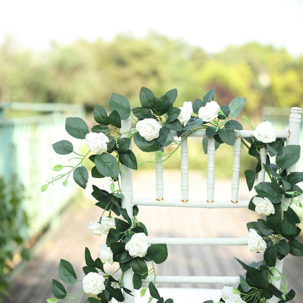 6 ft | Cream | 20 Flowers | UV Protected Silk Rose Garland | Bendable Wire Vines | Artificial Flower Garlands with Leaves