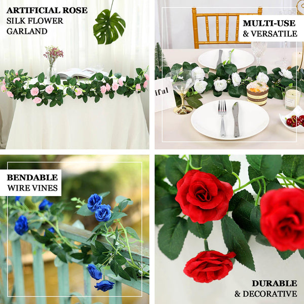 6FT | Red | 20 Flowers | UV Protected Silk Rose Garland | Bendable Wire Vines | Artificial Flower Garlands with Leaves