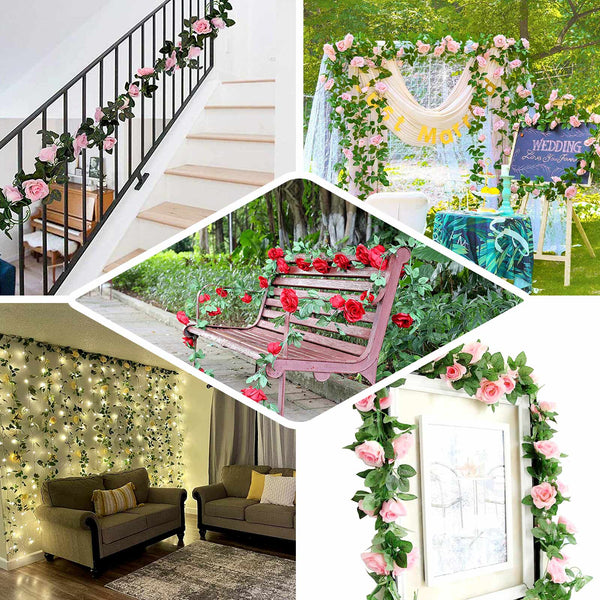 6FT | White | 20 Flowers | UV Protected Silk Rose Garland | Bendable Wire Vines | Artificial Flower Garlands with Leaves