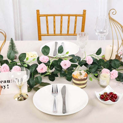 6 ft | Pink | 20 Flowers | UV Protected Silk Rose Garland | Bendable Wire Vines | Artificial Flower Garlands with Leaves