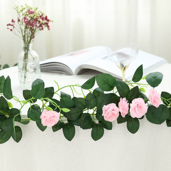 6 ft | Pink | 20 Flowers | UV Protected Silk Rose Garland | Bendable Wire Vines | Artificial Flower Garlands with Leaves
