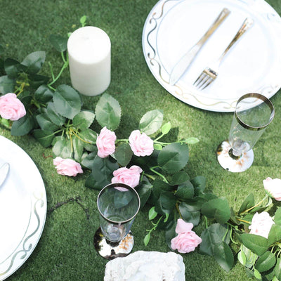6 ft | Pink | 20 Flowers | UV Protected Silk Rose Garland | Bendable Wire Vines | Artificial Flower Garlands with Leaves
