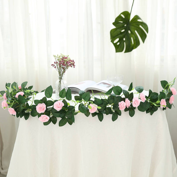 6 ft | Pink | 20 Flowers | UV Protected Silk Rose Garland | Bendable Wire Vines | Artificial Flower Garlands with Leaves