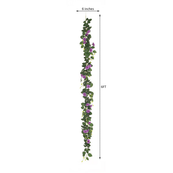 6 ft | Purple | 20 Flowers | UV Protected Silk Rose Garland | Bendable Wire Vines | Artificial Flower Garlands with Leaves