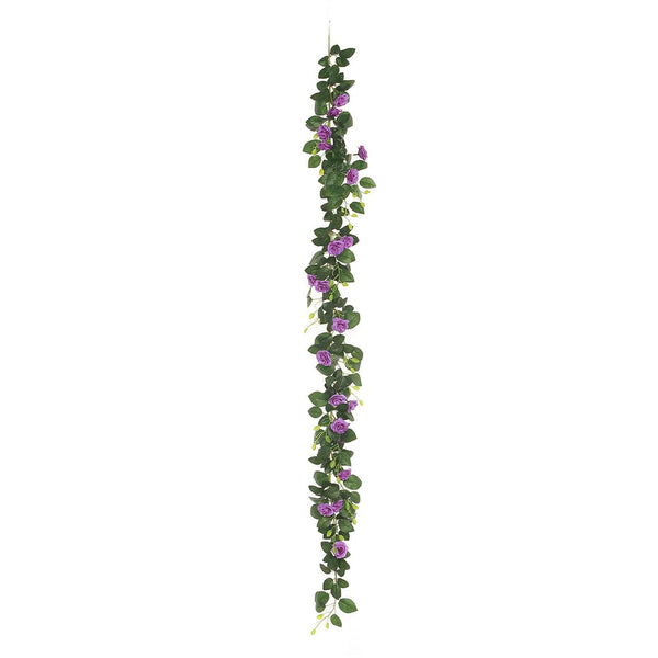 6 ft | Purple | 20 Flowers | UV Protected Silk Rose Garland | Bendable Wire Vines | Artificial Flower Garlands with Leaves