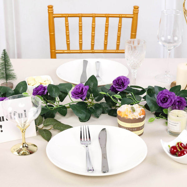 6 ft | Purple | 20 Flowers | UV Protected Silk Rose Garland | Bendable Wire Vines | Artificial Flower Garlands with Leaves
