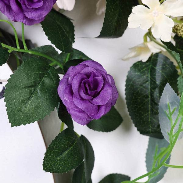 6 ft | Purple | 20 Flowers | UV Protected Silk Rose Garland | Bendable Wire Vines | Artificial Flower Garlands with Leaves
