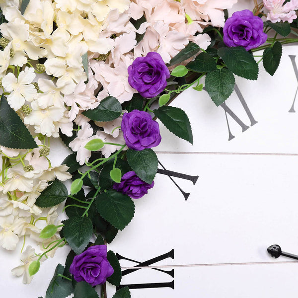 6 ft | Purple | 20 Flowers | UV Protected Silk Rose Garland | Bendable Wire Vines | Artificial Flower Garlands with Leaves