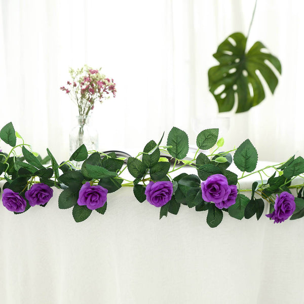 6 ft | Purple | 20 Flowers | UV Protected Silk Rose Garland | Bendable Wire Vines | Artificial Flower Garlands with Leaves