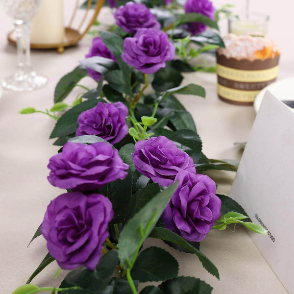 6 ft | Purple | 20 Flowers | UV Protected Silk Rose Garland | Bendable Wire Vines | Artificial Flower Garlands with Leaves