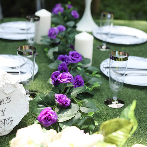 6 ft | Purple | 20 Flowers | UV Protected Silk Rose Garland | Bendable Wire Vines | Artificial Flower Garlands with Leaves