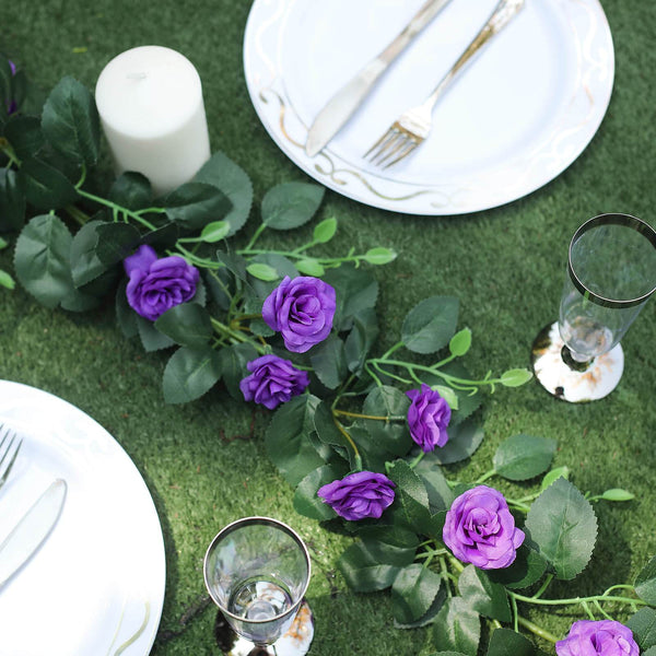 6 ft | Purple | 20 Flowers | UV Protected Silk Rose Garland | Bendable Wire Vines | Artificial Flower Garlands with Leaves