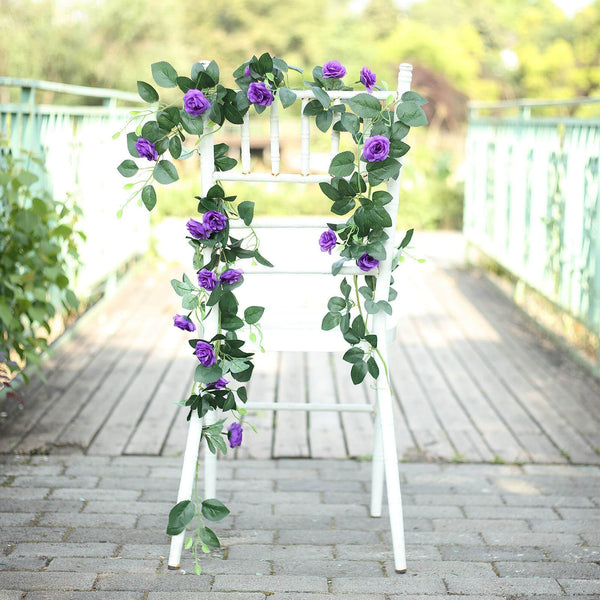 6 ft | Purple | 20 Flowers | UV Protected Silk Rose Garland | Bendable Wire Vines | Artificial Flower Garlands with Leaves