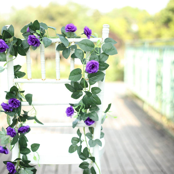 6 ft | Purple | 20 Flowers | UV Protected Silk Rose Garland | Bendable Wire Vines | Artificial Flower Garlands with Leaves
