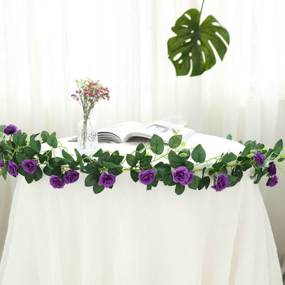 6 ft | Purple | 20 Flowers | UV Protected Silk Rose Garland | Bendable Wire Vines | Artificial Flower Garlands with Leaves
