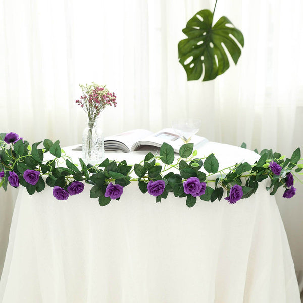 6 ft | Purple | 20 Flowers | UV Protected Silk Rose Garland | Bendable Wire Vines | Artificial Flower Garlands with Leaves