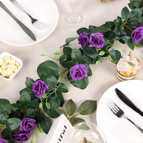 6 ft | Purple | 20 Flowers | UV Protected Silk Rose Garland | Bendable Wire Vines | Artificial Flower Garlands with Leaves