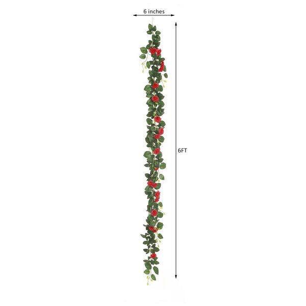 6 ft | Red | 20 Flowers | UV Protected Silk Rose Garland | Bendable Wire Vines | Artificial Flower Garlands with Leaves