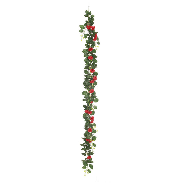 6 ft | Red | 20 Flowers | UV Protected Silk Rose Garland | Bendable Wire Vines | Artificial Flower Garlands with Leaves