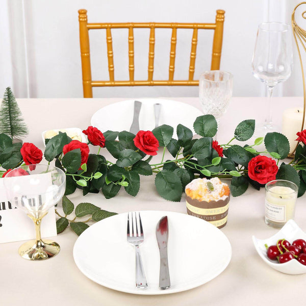 6 ft | Red | 20 Flowers | UV Protected Silk Rose Garland | Bendable Wire Vines | Artificial Flower Garlands with Leaves