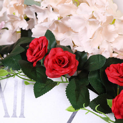 6 ft | Red | 20 Flowers | UV Protected Silk Rose Garland | Bendable Wire Vines | Artificial Flower Garlands with Leaves