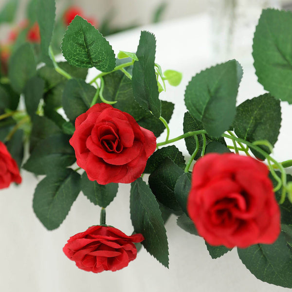 6 ft | Red | 20 Flowers | UV Protected Silk Rose Garland | Bendable Wire Vines | Artificial Flower Garlands with Leaves