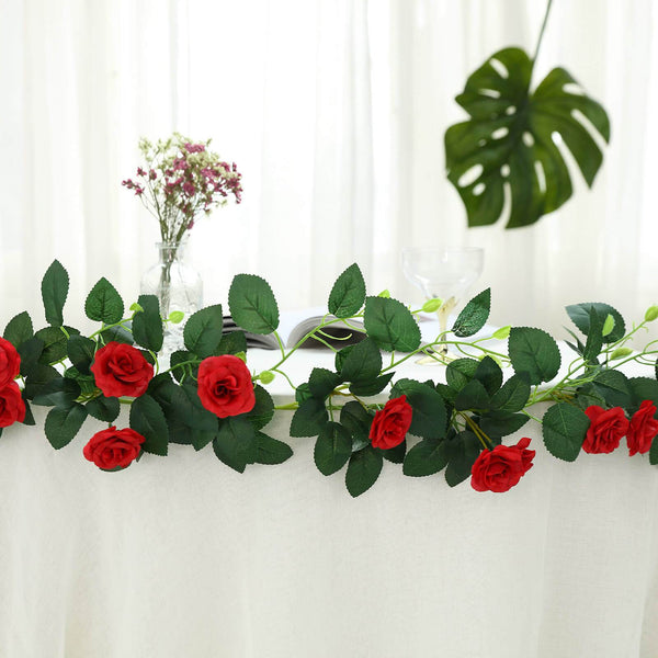 6 ft | Red | 20 Flowers | UV Protected Silk Rose Garland | Bendable Wire Vines | Artificial Flower Garlands with Leaves
