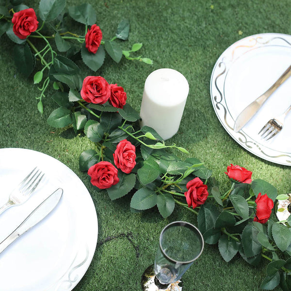 6 ft | Red | 20 Flowers | UV Protected Silk Rose Garland | Bendable Wire Vines | Artificial Flower Garlands with Leaves