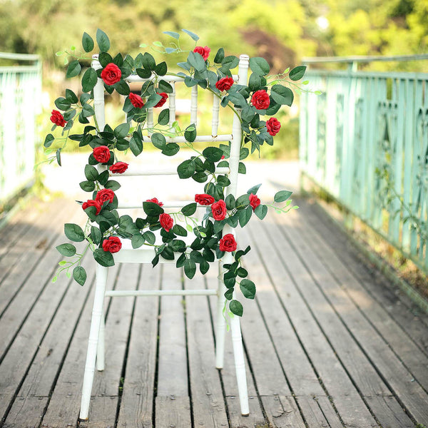 6 ft | Red | 20 Flowers | UV Protected Silk Rose Garland | Bendable Wire Vines | Artificial Flower Garlands with Leaves